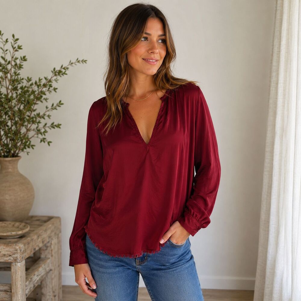 Nation LTD Sateen Blouse Women M Burgundy V Neck Raw Hem Fringe Made in USA